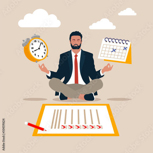 Self discipline or self control to complete work or achieve business target, time management to increase productivity concept, businessman meditate balancing clock and calendar on completed task paper photo