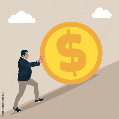 Bild auf Leinwand Businessman pushing large golden coin
