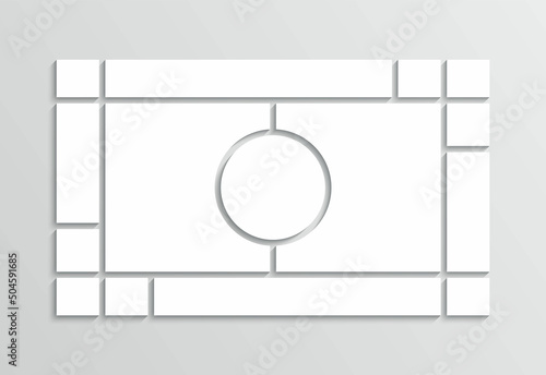 Photo collage template with circle in center. Moodboard grid. Mood board background. Mosaic pictures frame. Gallery banner. Album brandboard. Scrapbook layout. Portfolio images. Vector illustration