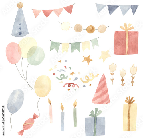 Canvas Print Watercolor happy birthday elements illustration for kids