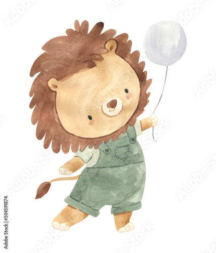 Photography Watercolor lion with balloon illustration for kids