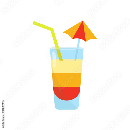 Drink cocktail and fresh orange fruit slice and making juice. Vector icon isolated illustration. Summer season pool and sea aquapark or beach party. Holiday and vacation