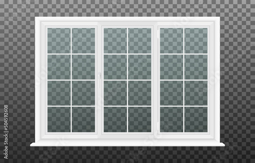 White triple plastic window frame on transparent background. Wide realistic closed window with slopes, windowsill and transparent glass. Mockup template for interior design. Vector illustration