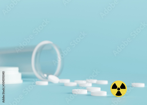 Fototapeta Naklejka Na Ścianę i Meble -  Anti-Radiation Pills, Iodine tablets, tablets for radiation protection. Potassium iodine tablet protecting against the dangers of accidental exposure to radioactivity. Nuclear threats. 3d rendering.