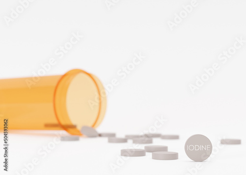 Anti-Radiation Pills, Iodine tablets, tablets for radiation protection. Potassium iodine tablet protecting against the dangers of accidental exposure to radioactivity. Nuclear threats. 3d rendering. photo