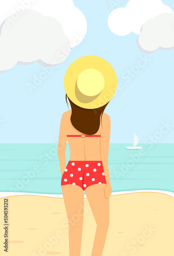 Slender woman dressed in red bikini swimsuit and yellow hat is standing on the beach close the ocean. Back view. Flat vector illustration.