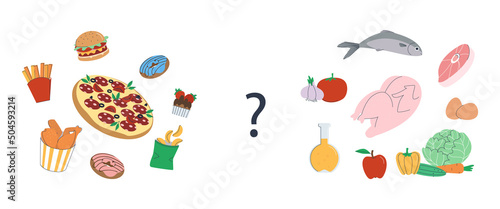 Two sets of food from a fast food cafe or natural organic food. The question of food choice. Flat vector illustration. Eps10