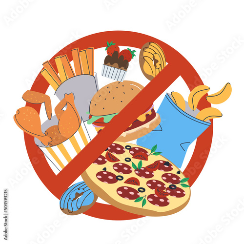 Fast junk food is marked with a stop sign. Fast food set. Flat vector illustration. Eps10