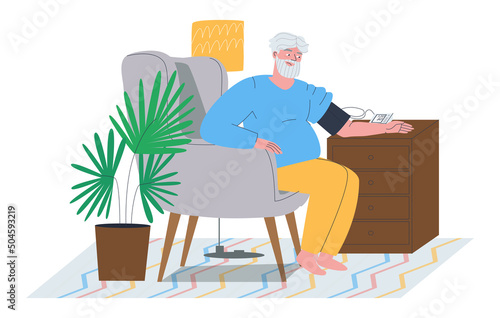 An elderly man measures his blood pressure with a special device himself. Room interior. Flat vector illustration. Eps10