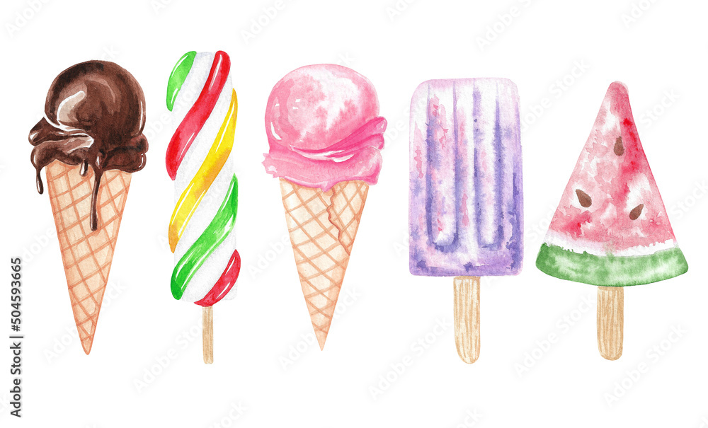 Watercolor summer ice cream set Watercolor summer ice cream set