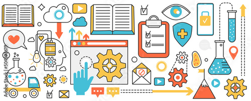 Modern scientific research methods. Abstract digital data analysis, model development and algorithm learning, laboratory equipment and tubes in infographic concept banner, thin line art design