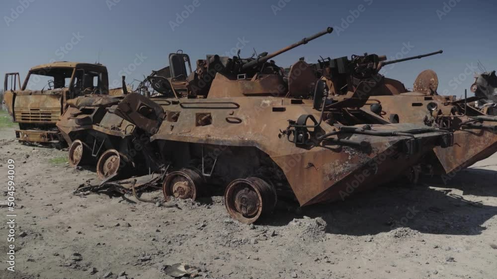 Rusty military equipment. War in Ukraine. City of Irpin. Broken enemy column. Rusty military equipment. War in Ukraine. City of Irpin. Broken enemy column.
