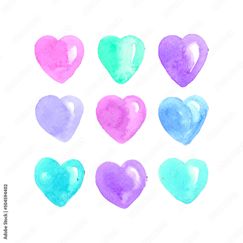 Abstract watercolor hearts. Blue, pink and purple colored stains. Vector illustration
