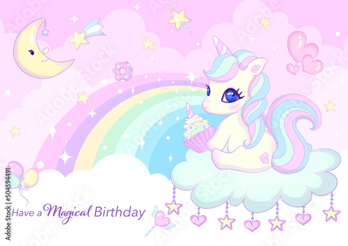 Cute unicorn Birthday party  invitation card design. Vector illustration of Magical Birthday for kids.