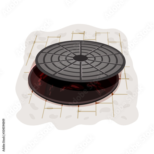 Open manhole on sidewalk. Opened sewer well cover on street. Dangerous sewer hatchway without lid. City place landscape with cast iron manhole. Urban underground utilities in infrastructure. Vector