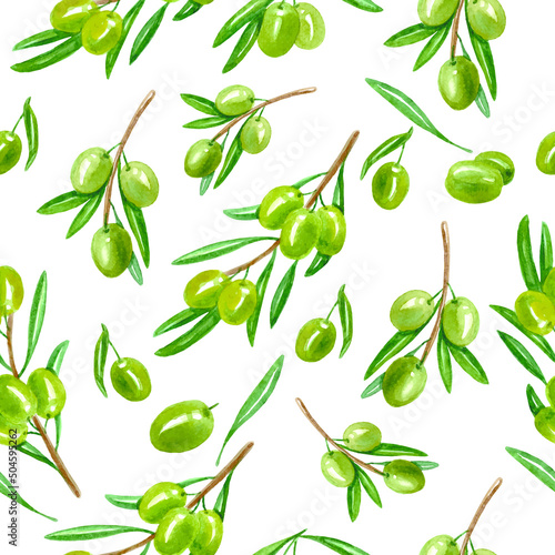 Olive watercolor pattern. Food seamless texture. Vector illustration