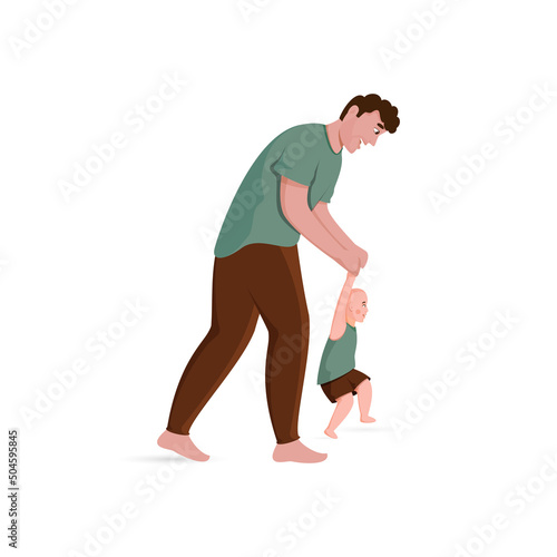Cheerful Father Helping Baby To Walk On White Background.