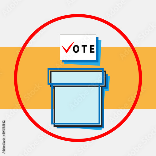 Ballot falls into light blue ballot box. Red checkmark and text VOTE on white paper sheet. Voting at polling station. Election campaign and voters poll. Election day, right choice and victory.