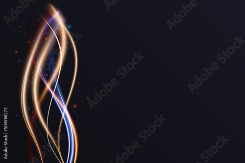 Luminous energy wavy lines, abstract light effect vector illustration. Glowing white orange blue neon vertical stream waves, dazzle glow trail with magic swirl shape on dark black background