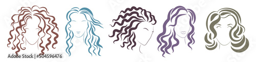 Female hair style set in line vector illustration. Abstract sketch silhouettes and portraits of stylish women heads with different curly glamour hairstyles. Fashion, hairdressers salon concept photo