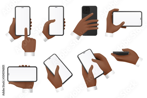 3d hands of businessman use mobile phone with empty blank screen set vector illustration. Arms of man hold smartphones, click and show presentation on display of modern gadget isolated on white