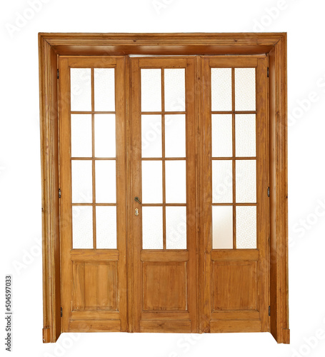 Aged wooden door iwith glasses frames isolated photo