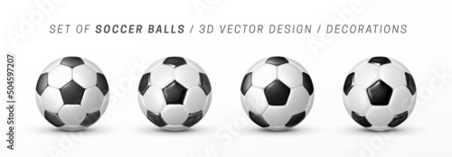 Soccer ball isolated on a white background. Set of balls of different volume and gloss. Classic soccer ball made of black pentagons and white hexagons. Sports equipment. Vector