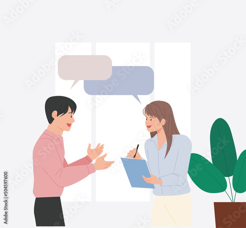Two office workers are standing and talking. The man is explaining and the woman is taking notes. flat design style vector illustration.
