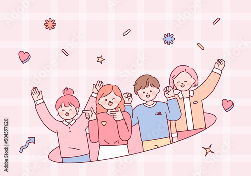Four friends raising their hands and having fun. Cute icons floating on a pink background. flat design style vector illustration.