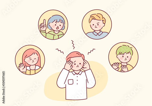 A man is holding his head with a headache. The faces of negative people are floating around him. flat design style vector illustration.