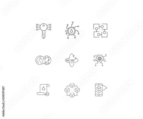 Crypto, web3 icon set. metaverse, VR, augmented reality, business, virtual reality, blockchain, asset, minimal vector illustrations. Minimal outline stroke icon set for websites.