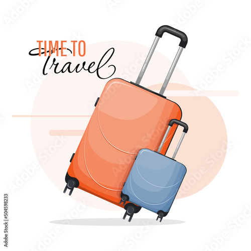 Time to travel sign banner with suitcases. Travel baggage illustration in flat design
