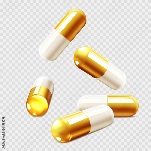 Set of pharmaceutical capsules, medical tablets, isolated.	