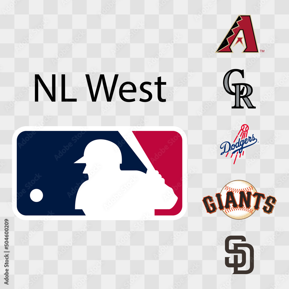 Major League Baseball MLB. National League NL. NL West. San Diego Padres,  Arizona Diamondbacks, San Francisco Giants, Los Angeles Dodgers, Colorado  Rockies. Kyiv, Ukraine - May 14, 2022 Stock Vector