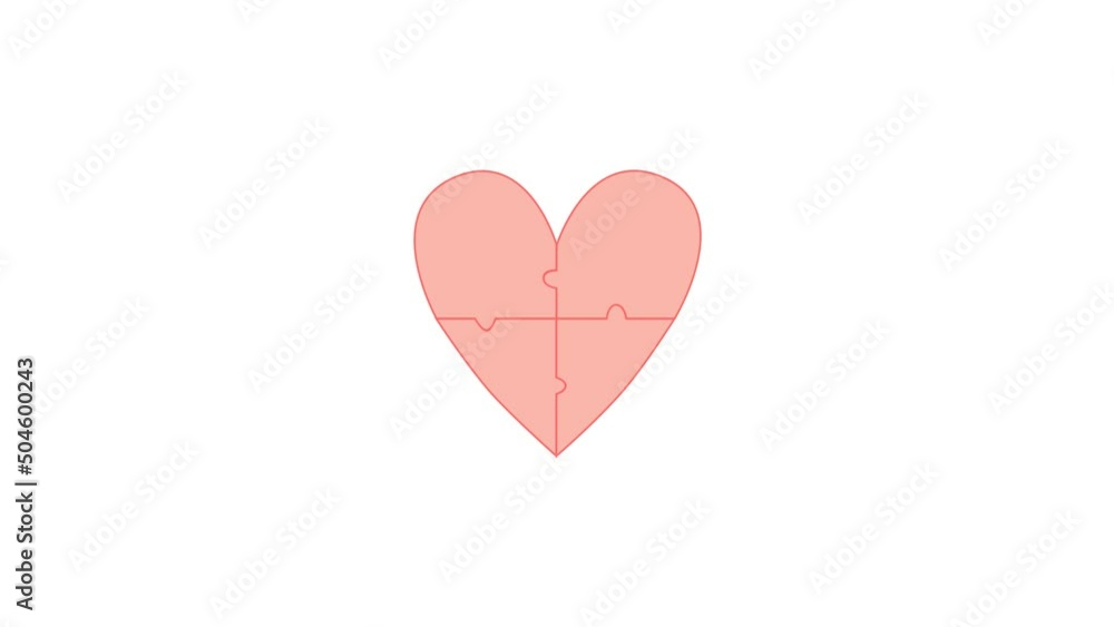 Animation motion design four puzzle pieces are assembled into a whole pink heart that starts beating on a white background Animation motion design four puzzle pieces are assembled into a whole pink heart that starts beating on a white background