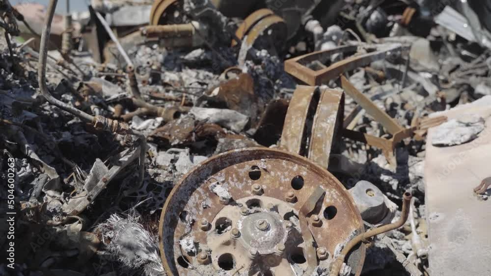 Rusty military equipment. War in Ukraine. City of Irpin. Broken enemy column.