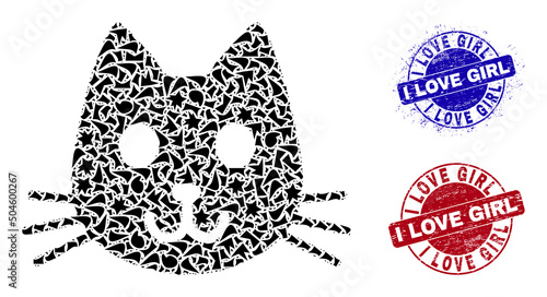 Round I LOVE GIRL textured seals with text inside round forms, and fraction mosaic kitty had icon. Blue and red stamp seals includes I LOVE GIRL text. Kitty had collage icon of fraction particles.