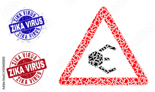 Round ZIKA VIRUS corroded seals with caption inside round shapes, and debris mosaic nanobot warning icon. Blue and red seals includes ZIKA VIRUS caption. Nanobot warning mosaic icon of fraction parts.