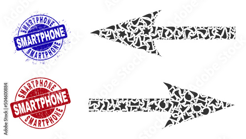 Round SMARTPHONE textured watermarks with tag inside round shapes, and shard mosaic horizontal exchange arrows icon. Blue and red stamp seals includes SMARTPHONE tag.