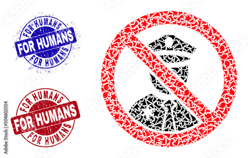 Round FOR HUMANS unclean watermarks with text inside round shapes, and shard mosaic forbiden police icon. Blue and red stamp seals includes FOR HUMANS text.