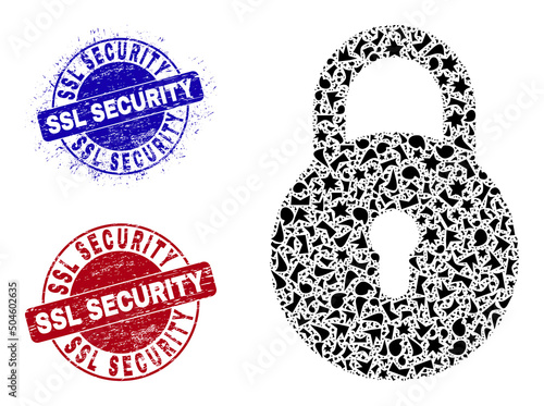 Round SSL SECURITY rubber stamp imitations with text inside round shapes, and shard mosaic locker icon. Blue and red seals includes SSL SECURITY text. Locker mosaic icon of fraction items.