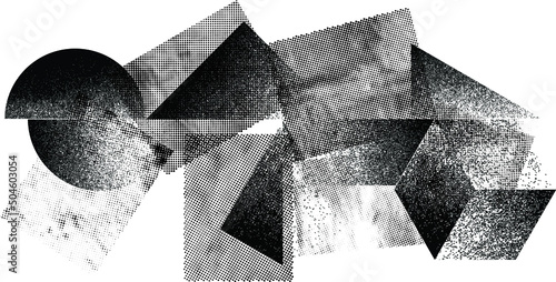 Glitch distorted geometric shape . Noise destroyed logo . Trendy defect error shapes . Glitched frame .Grunge textured . Distressed effect .Vector shapes with a halftone dots screen print texture.