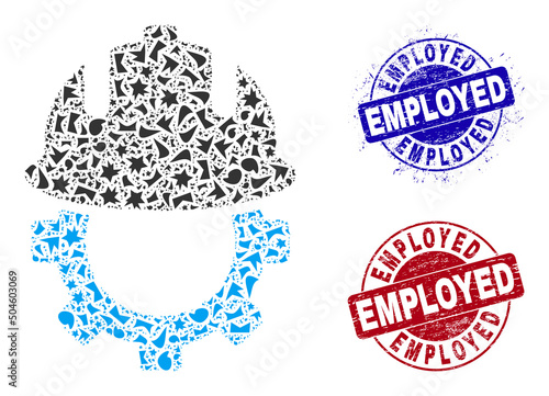 Round EMPLOYED rough seals with tag inside round forms, and debris mosaic development helmet icon. Blue and red seals includes EMPLOYED tag. Development helmet mosaic icon of debris elements.