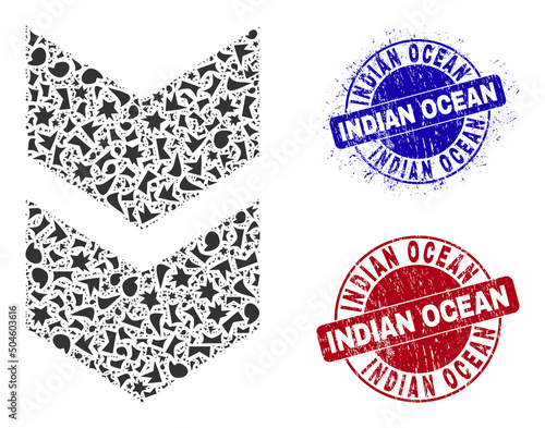 Round INDIAN OCEAN rubber seals with tag inside round forms, and shard mosaic shift down icon. Blue and red seals includes INDIAN OCEAN tag. Shift down mosaic icon of shard parts.