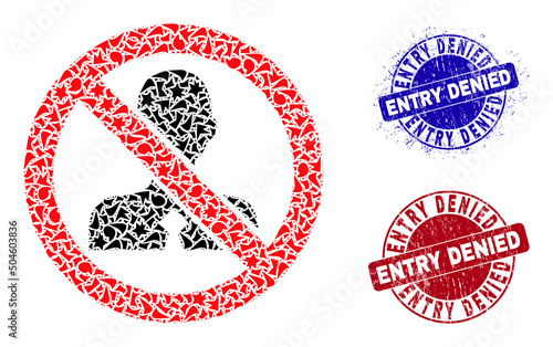 Round ENTRY DENIED textured stamps with tag inside round forms, and detritus mosaic no clerk icon. Blue and red stamps includes ENTRY DENIED caption. No clerk mosaic icon of detritus parts.