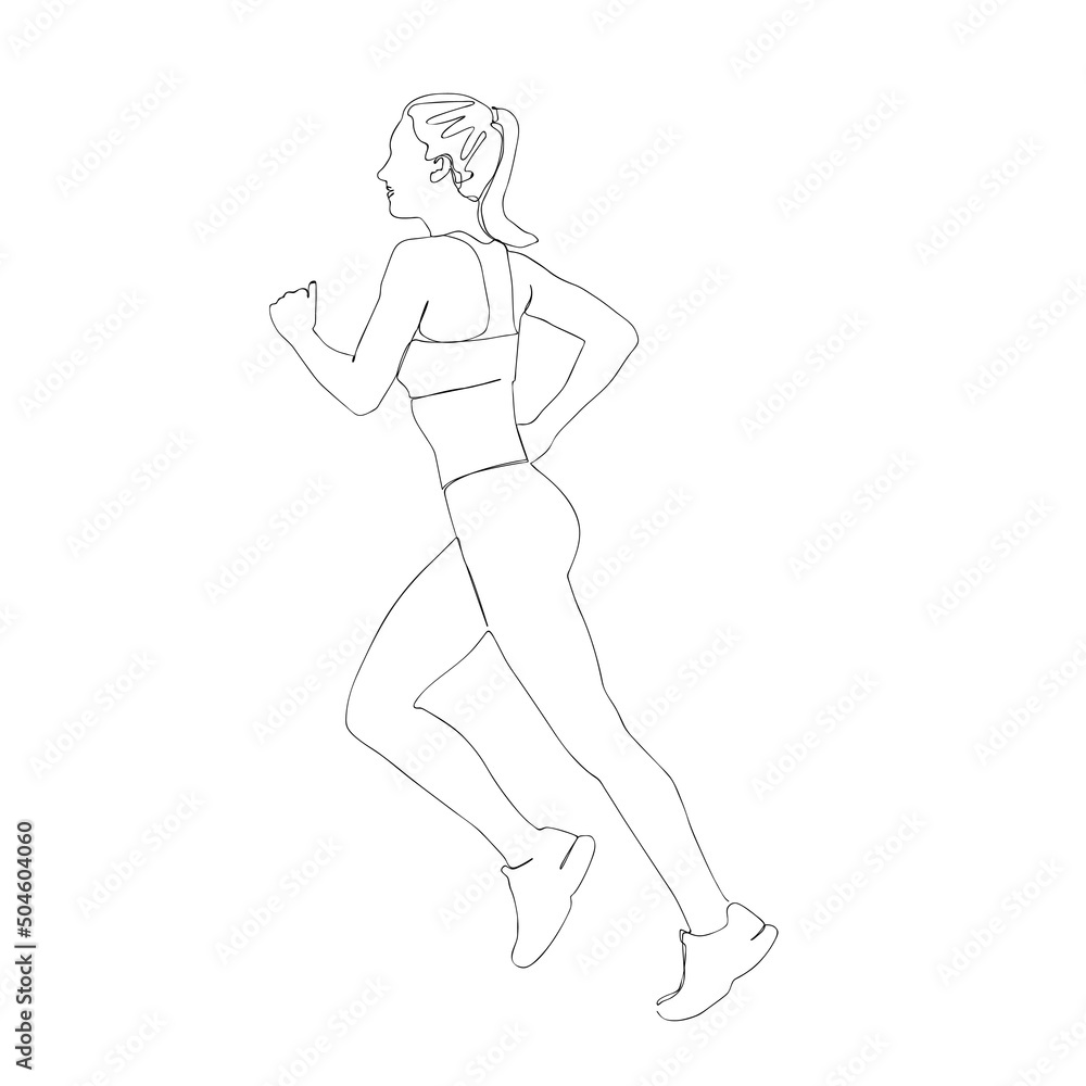 The girl runs in sports clothes and sneakers. One line drawing.
