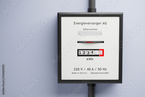 Meter Reader on a wall. German labelling with a fantasy Company name and meter number. Fast turning wheels with motion blur. Concept: excessive consumption of electricity.