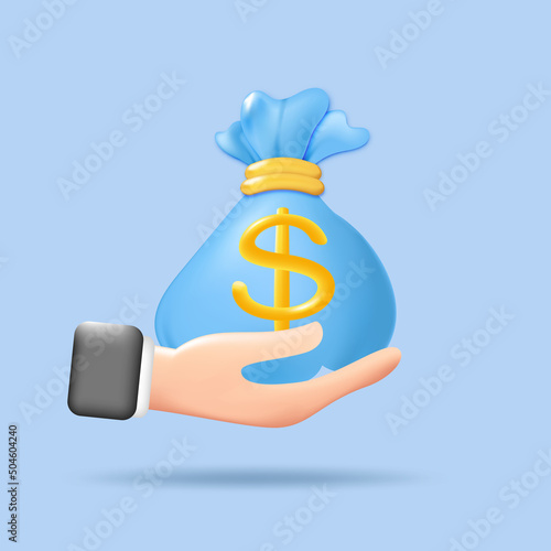 Money bag with dollar icon on hand. Cash, business and finance, financial solution, return on investment, down payment concept. 3d vector illustration icon. Minimal style.