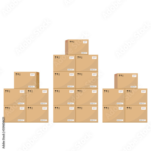 Boxes on wooded pallet illustration, flat style warehouse cardboard parcel boxes stack front view jpeg image Box on pallet in warehouse. Cardboard boxes in front on wooden palettes. Icon of delivery © RSLN