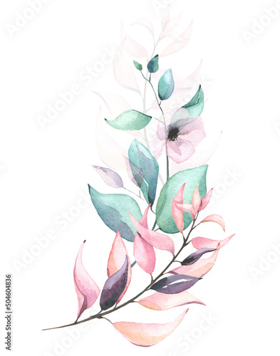 Fototapeta Naklejka Na Ścianę i Meble -  Watercolor arrangement with blue, green, turquoise, violet, pink flowers, branches, leaves, eucalyptus twigs.